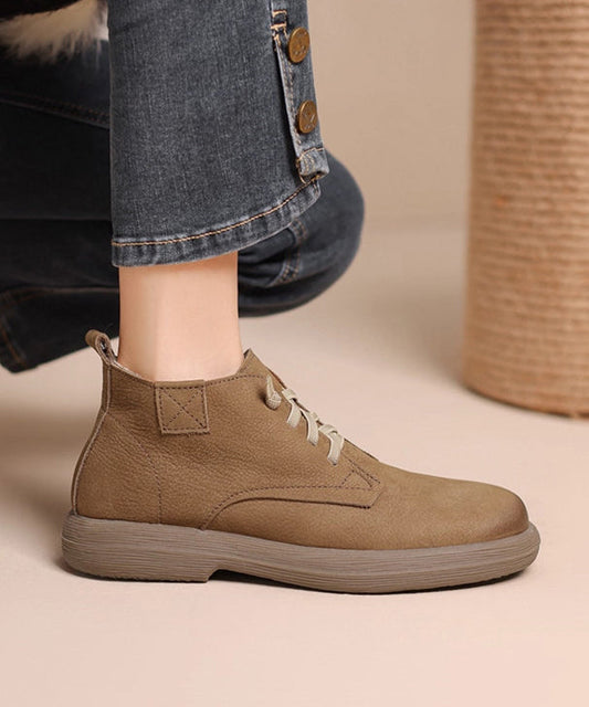 Khaki Cowhide Leather Simple Splicing Boots Lace Up