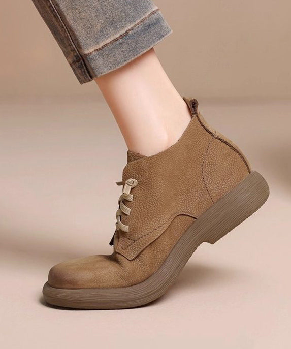 Khaki Cowhide Leather Simple Splicing Boots Lace Up