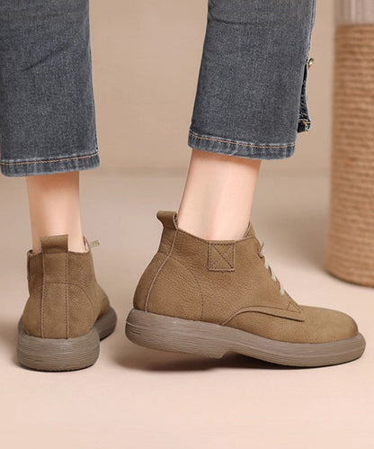 Khaki Cowhide Leather Simple Splicing Boots Lace Up
