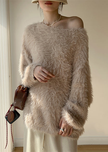 Khaki Cozy Loose Mink Velvet Spring Sweaters O-Neck