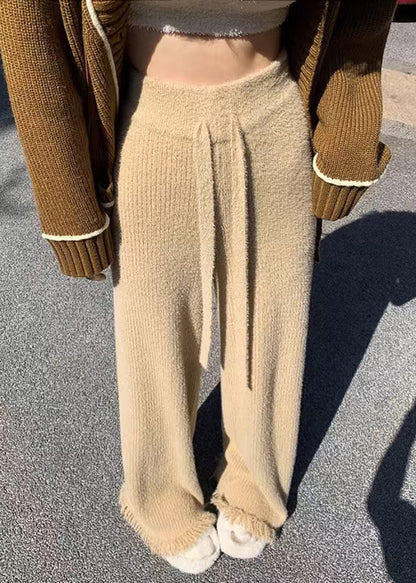 Khaki Elastic Waist Solid Mink Hair Knitted Flare Bottoms Tasseled