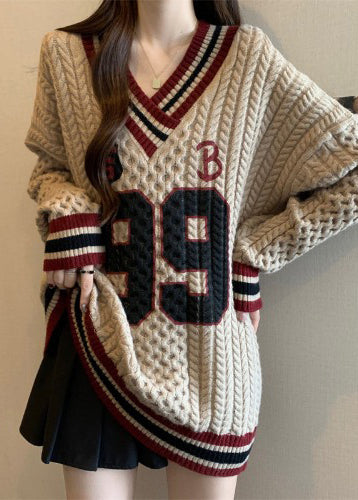 Khaki Embroidered Cable Knit Sweater Oversized Fall