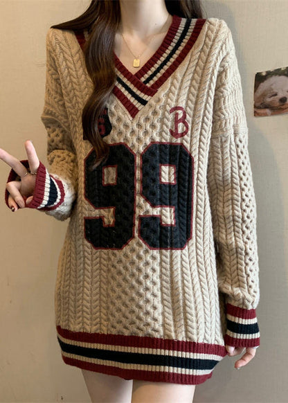 Khaki Embroidered Cable Knit Sweater Oversized Fall