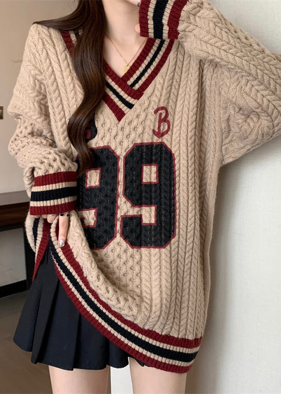 Khaki Embroidered Cable Knit Sweater Oversized Fall