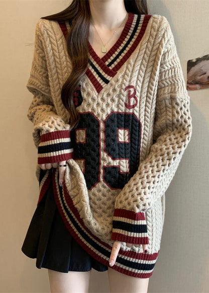 Khaki Embroidered Cable Knit Sweater Oversized Fall