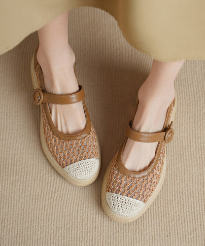 Khaki Flats Knit Fabric Comfy Buckle Strap Flat Shoes For Women