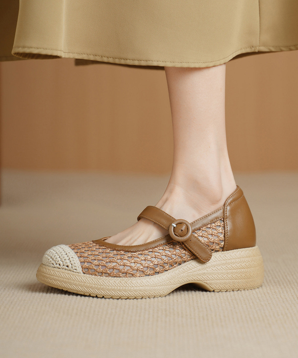 Khaki Flats Knit Fabric Comfy Buckle Strap Flat Shoes For Women