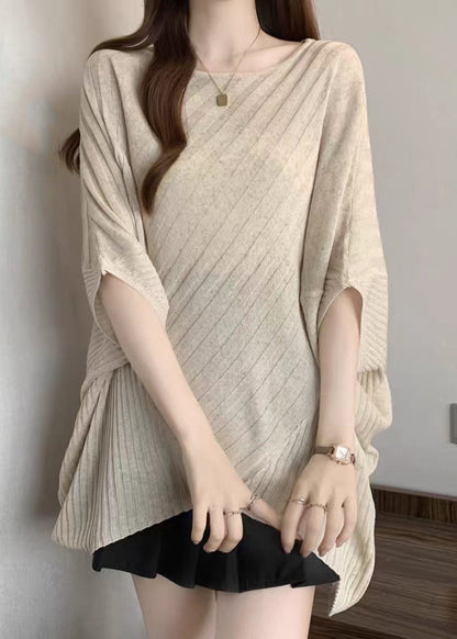 Khaki Knit Top O-Neck Asymmetrical Batwing Sleeve