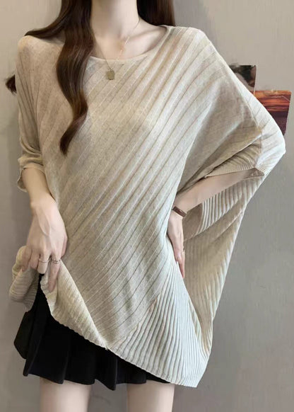 Khaki Knit Top O-Neck Asymmetrical Batwing Sleeve