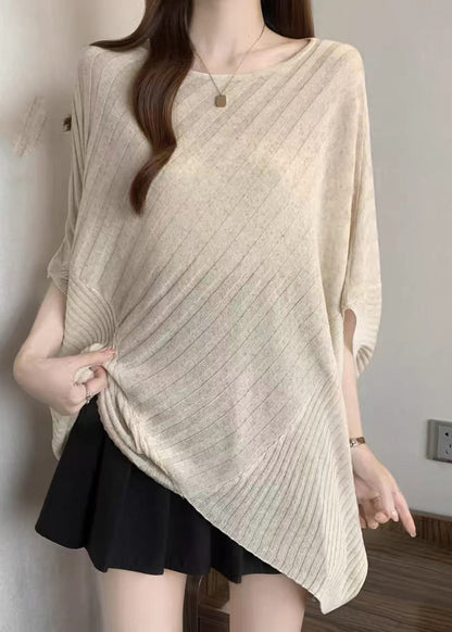 Khaki Knit Top O-Neck Asymmetrical Batwing Sleeve
