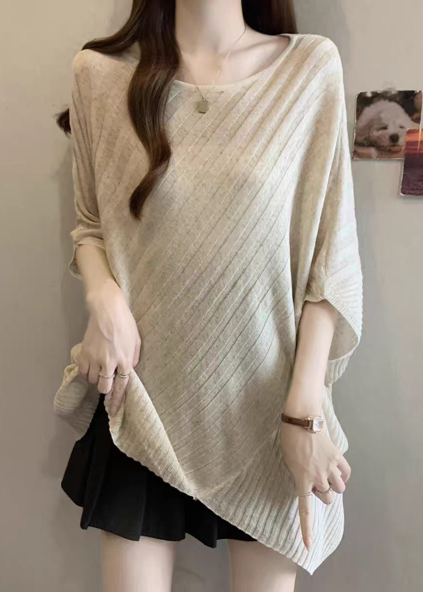 Khaki Knit Top O-Neck Asymmetrical Batwing Sleeve