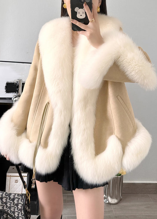 Khaki Lace Up Patchwork Parka Fox Collar Winter