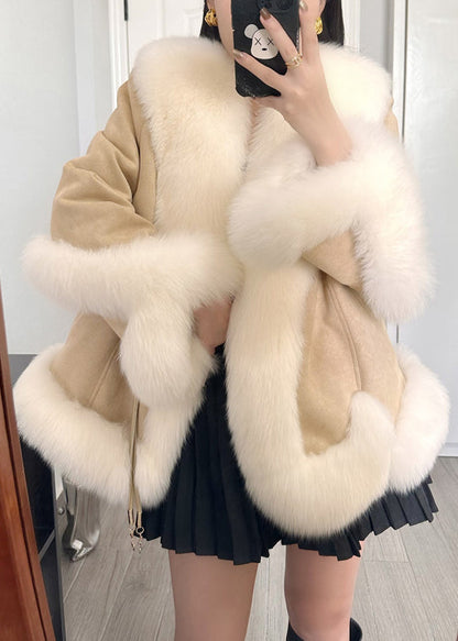 Khaki Lace Up Patchwork Parka Fox Collar Winter