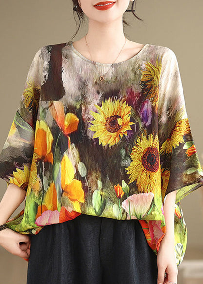 Khaki O-Neck Patchwork Top Half Sleeve