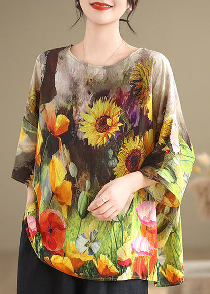 Khaki O-Neck Patchwork Top Half Sleeve
