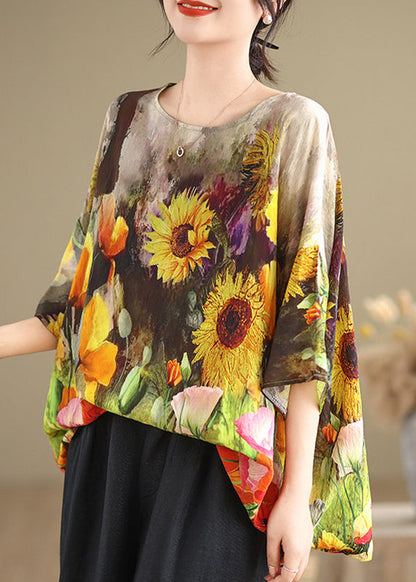 Khaki O-Neck Patchwork Top Half Sleeve