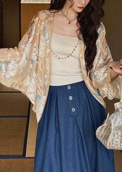 Khaki Original Design Silk Loose Coat V Neck Fall