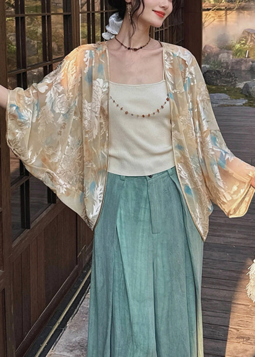 Khaki Original Design Silk Loose Coat V Neck Fall