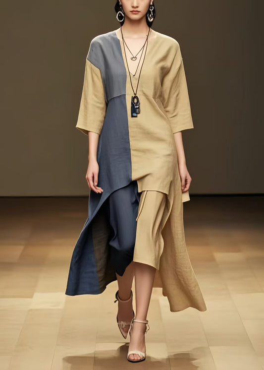 Khaki Patchwork Cotton Long Dresses Asymmetrical Summer