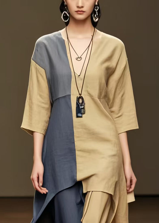 Khaki Patchwork Cotton Long Dresses Asymmetrical Summer