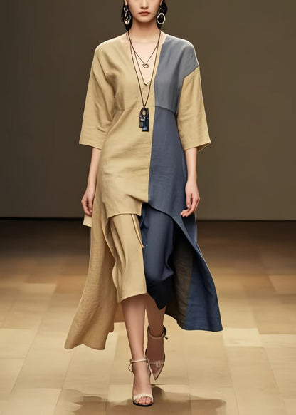 Khaki Patchwork Cotton Long Dresses Asymmetrical Summer