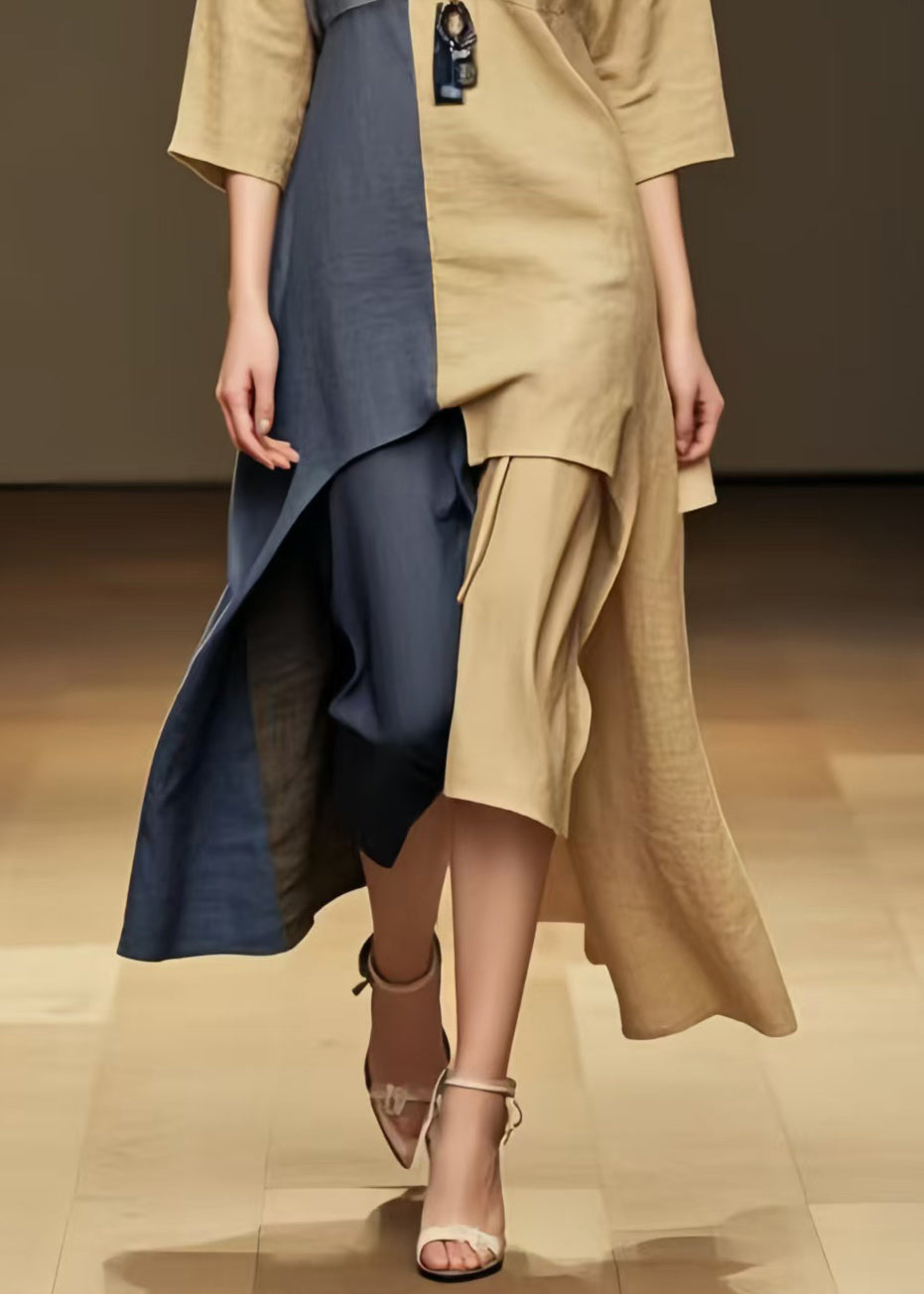 Khaki Patchwork Cotton Long Dresses Asymmetrical Summer