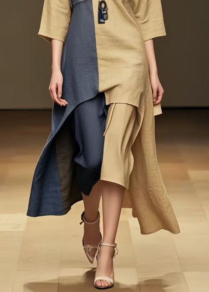 Khaki Patchwork Cotton Long Dresses Asymmetrical Summer