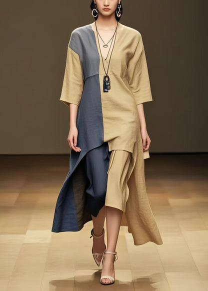 Khaki Patchwork Cotton Long Dresses Asymmetrical Summer