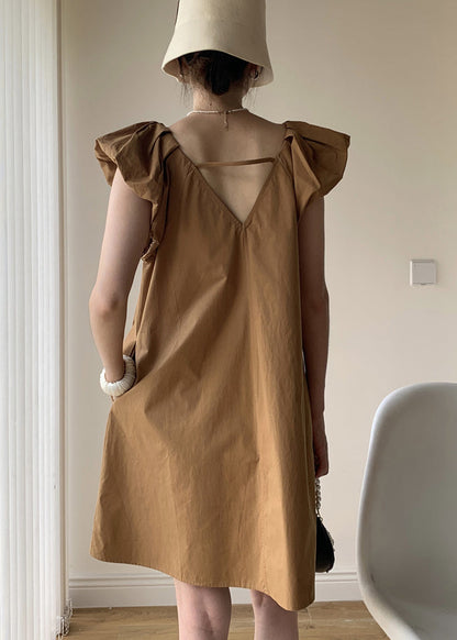 Khaki Patchwork Cotton Mid Dresses V Neck Wrinkled Summer