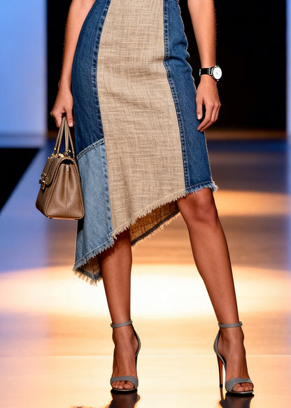 Khaki Patchwork Denim Linen Cami Dress Low High Design Summer