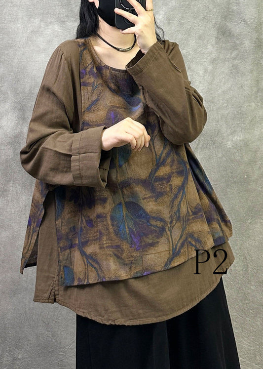 Khaki Patchwork Linen Fake Two Piece Shirt Oversized Print Fall