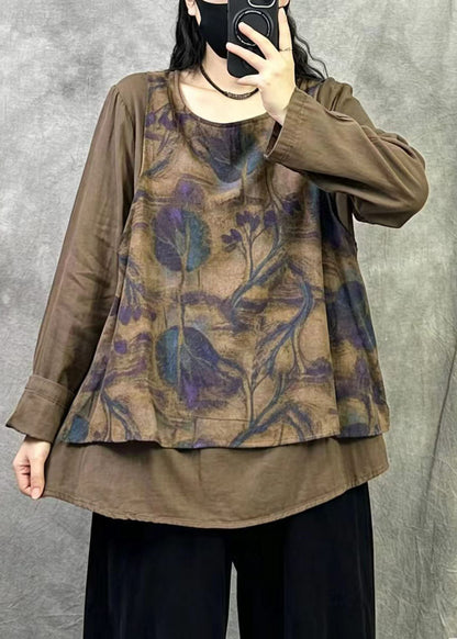 Khaki Patchwork Linen Fake Two Piece Shirt Oversized Print Fall