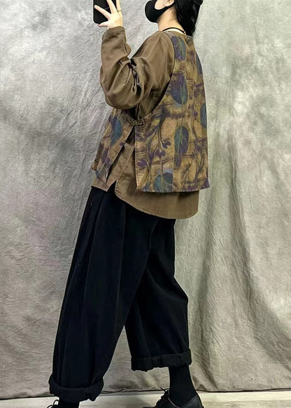 Khaki Patchwork Linen Fake Two Piece Shirt Oversized Print Fall