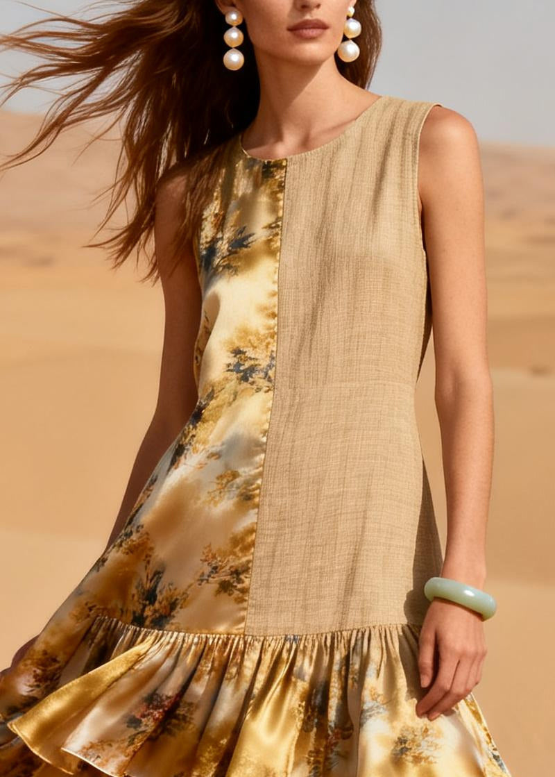 Khaki Patchwork Linen Silk Party Dress Ruffled Asymmetrical Design Summer
