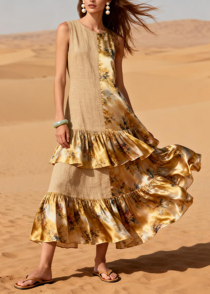 Khaki Patchwork Linen Silk Party Dress Ruffled Asymmetrical Design Summer