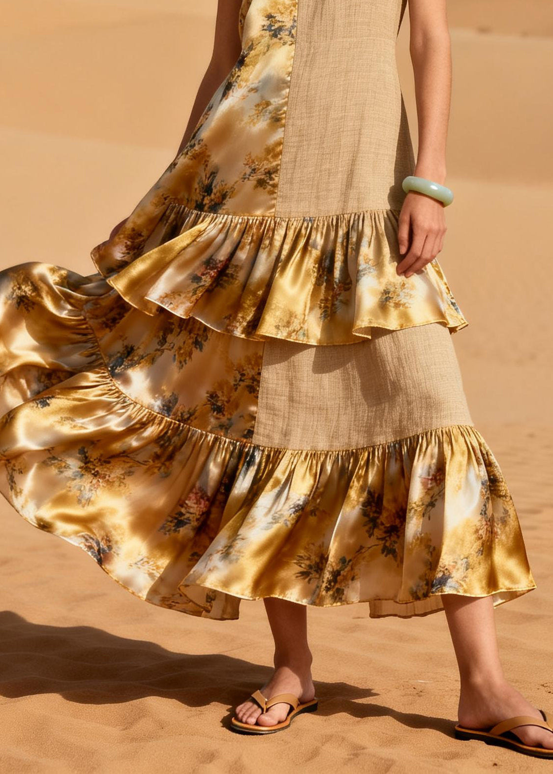 Khaki Patchwork Linen Silk Party Dress Ruffled Asymmetrical Design Summer