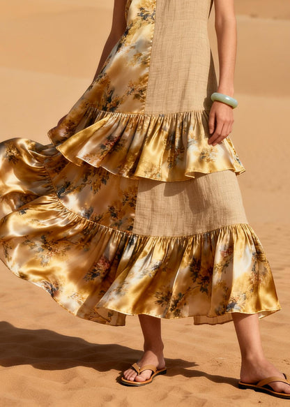 Khaki Patchwork Linen Silk Party Dress Ruffled Asymmetrical Design Summer