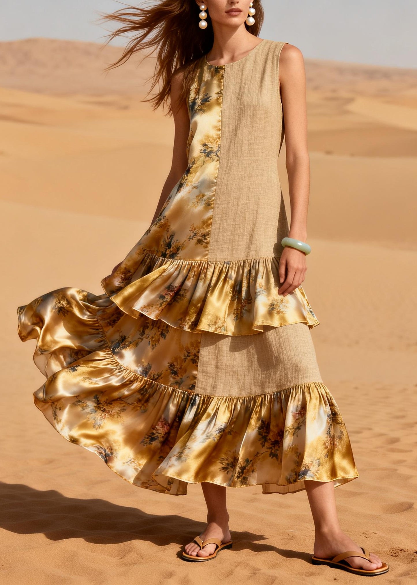 Khaki Patchwork Linen Silk Party Dress Ruffled Asymmetrical Design Summer
