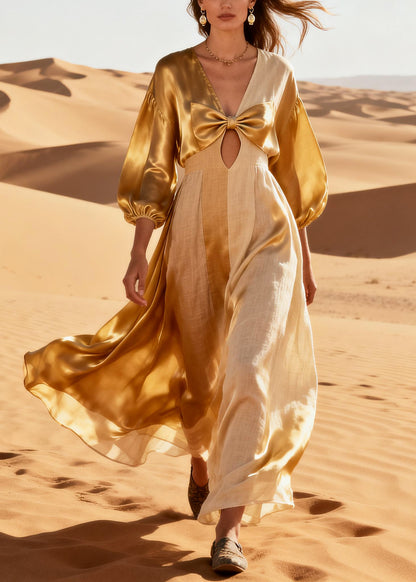 Khaki Patchwork Silk Long Dresses Asymmetrical Hollow Out Summer