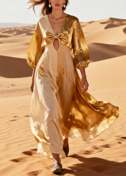 Khaki Patchwork Silk Long Dresses Asymmetrical Hollow Out Summer