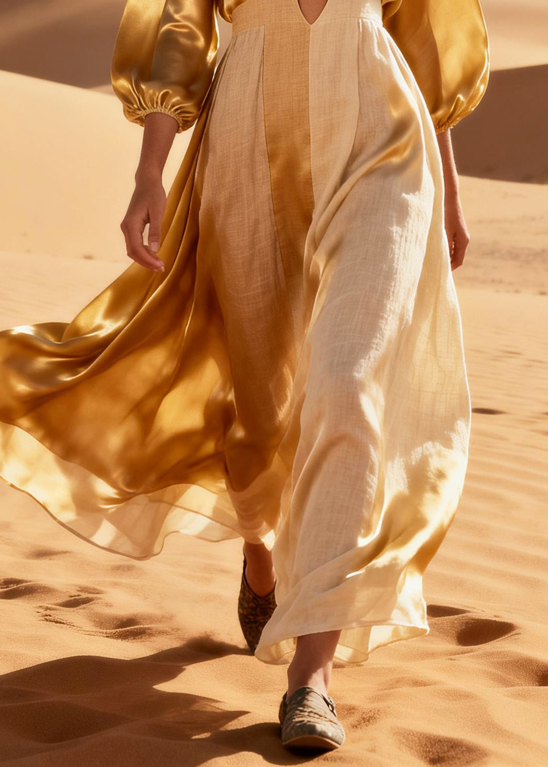 Khaki Patchwork Silk Long Dresses Asymmetrical Hollow Out Summer