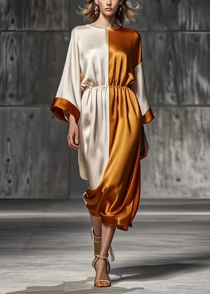 Khaki Patchwork Silk Long Dresses Asymmetrical Spring