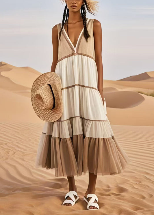 Khaki Patchwork Tulle Sundresses V Neck Summer