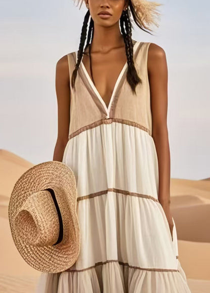 Khaki Patchwork Tulle Sundresses V Neck Summer