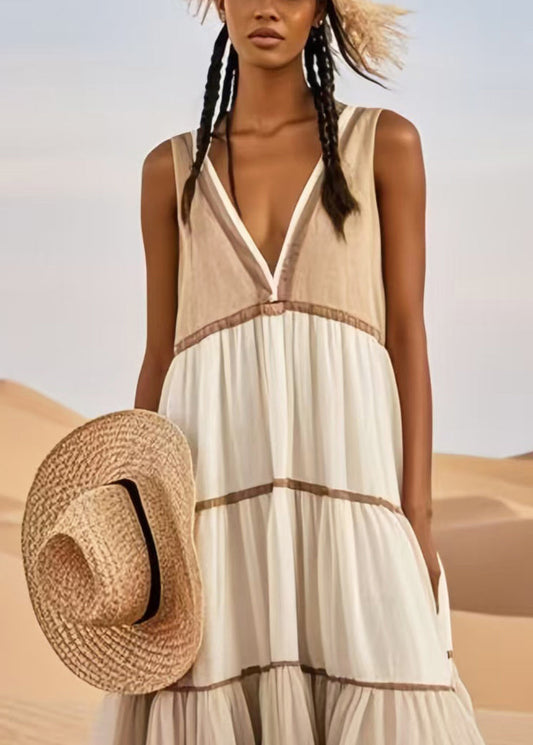 Khaki Patchwork Tulle Sundresses V Neck Summer