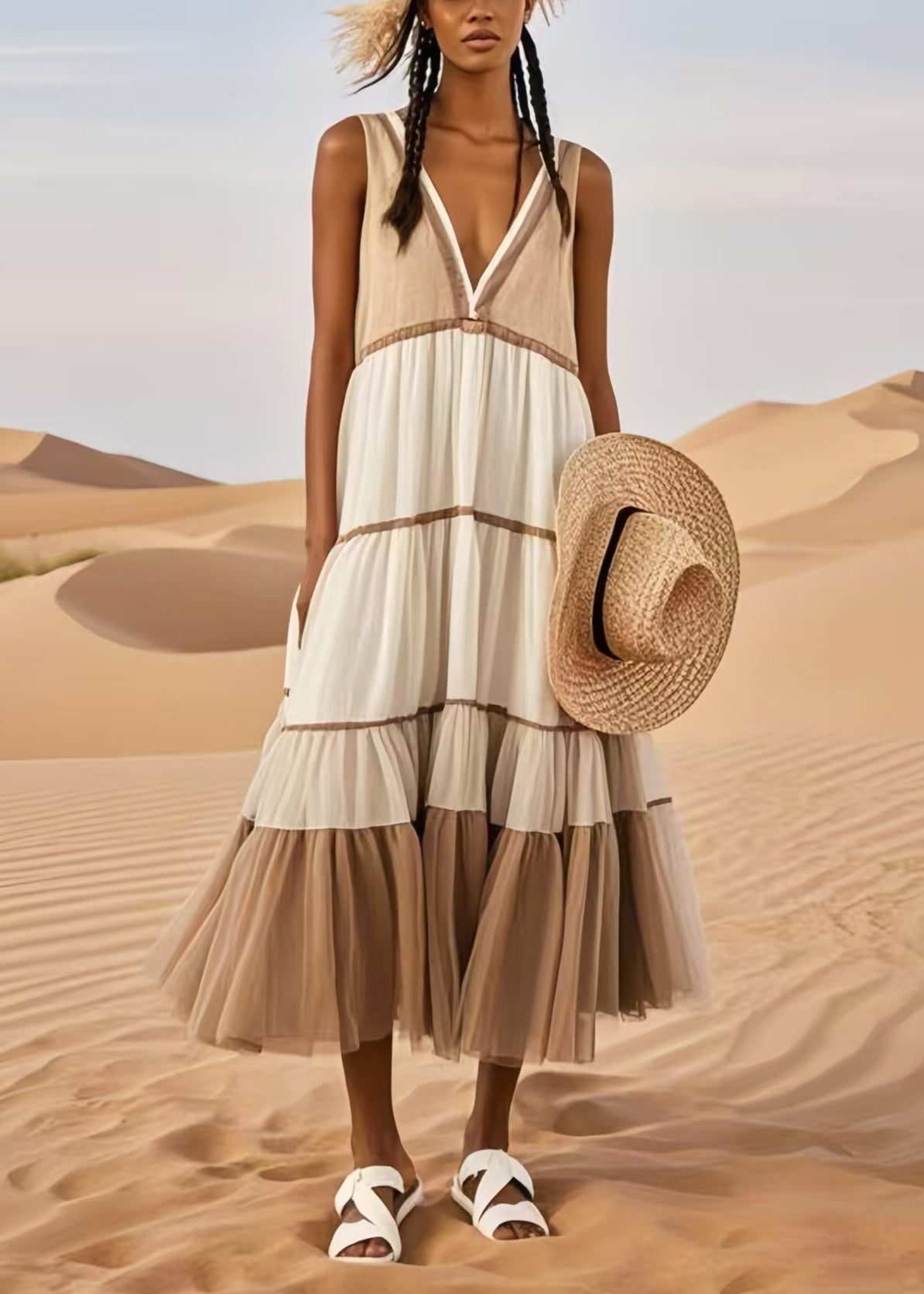 Khaki Patchwork Tulle Sundresses V Neck Summer