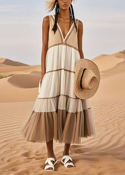 Khaki Patchwork Tulle Sundresses V Neck Summer