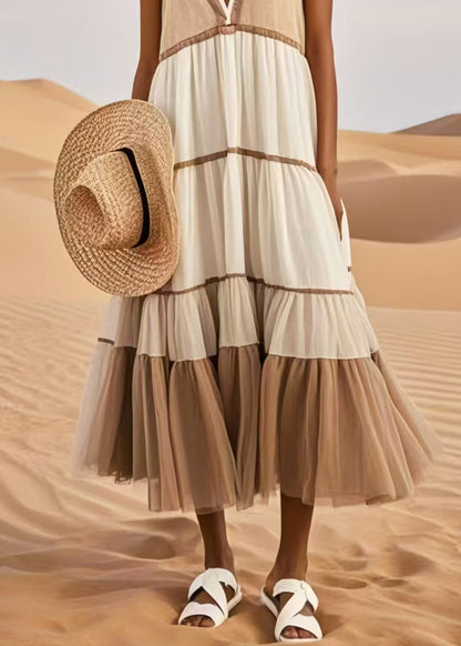 Khaki Patchwork Tulle Sundresses V Neck Summer