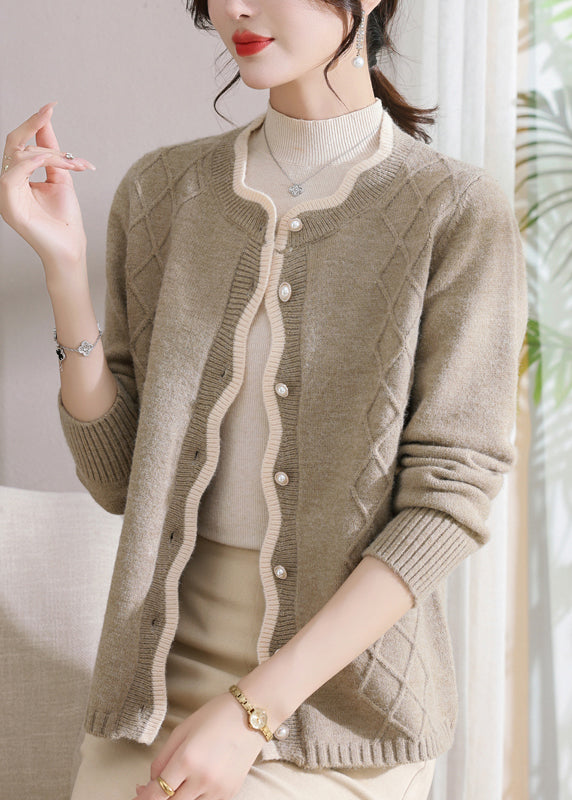 Khaki Plaid Patchwork Cotton Knit Coats Fall