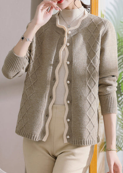 Khaki Plaid Patchwork Cotton Knit Coats Fall